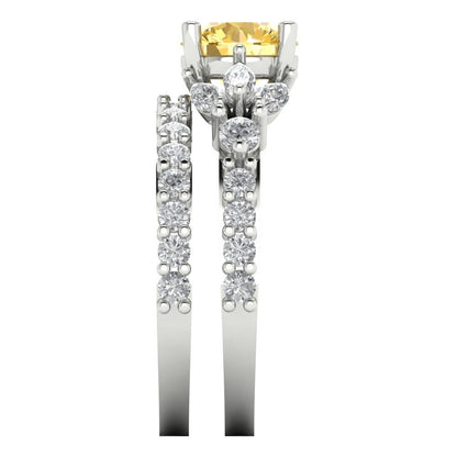 3.06 ct Brilliant Round Cut Natural Citrine White Gold Solitaire with Accents Bridal Set, November Birthstone