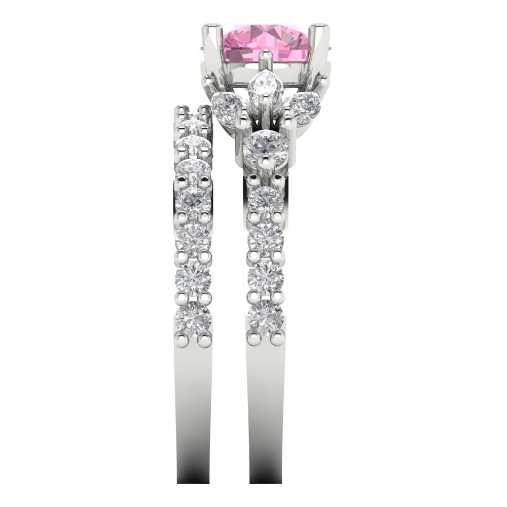 2.94 cttw Round Cut Simulated Pink Diamond Bridal Set - Solid White Gold Engagement Ring & Wedding Band
