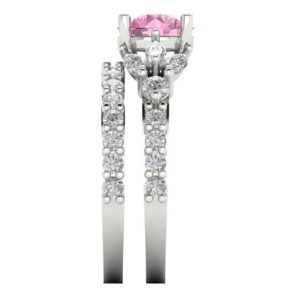 2.94 cttw Round Cut Simulated Pink Diamond Bridal Set - Solid White Gold Engagement Ring & Wedding Band