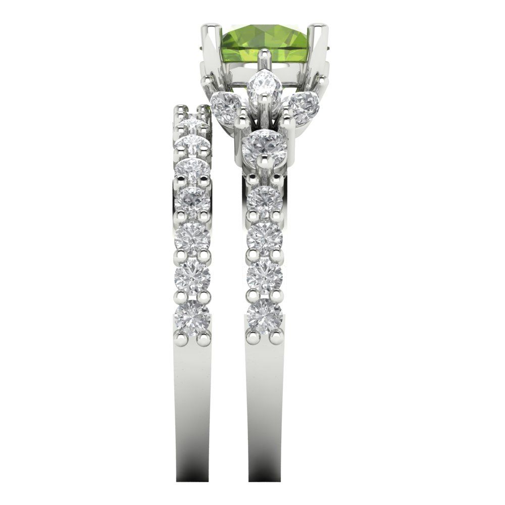 2.94 cttw Round Cut Natural Peridot Bridal Set - Solid White Gold Engagement Ring & Wedding Band