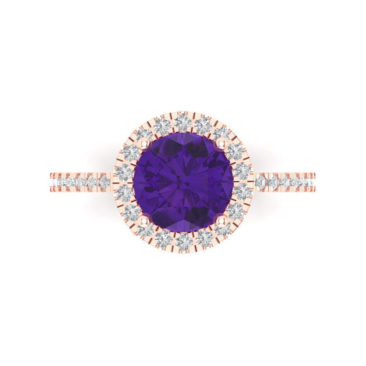 1.8 cttw Natural Amethyst Solitaire with Zirconia Simulated Diamond Accents Engagement Ring - Solid Rose Gold (VVS1, Round Cut,7.5mm)
