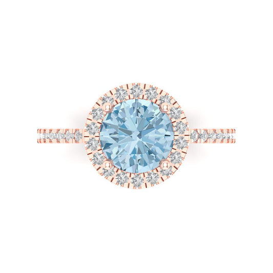 1.8 cttw Natural Aquamarine Solitaire with Zirconia Simulated Diamond Accents Engagement Ring - Solid Rose Gold (VVS1, Round Cut,7.5mm)