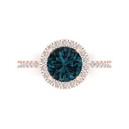 1.8 cttw Natural London Blue Topaz Solitaire with Zirconia Simulated Diamond Accents Engagement Ring - Solid Gold (Round Cut,7.5mm)