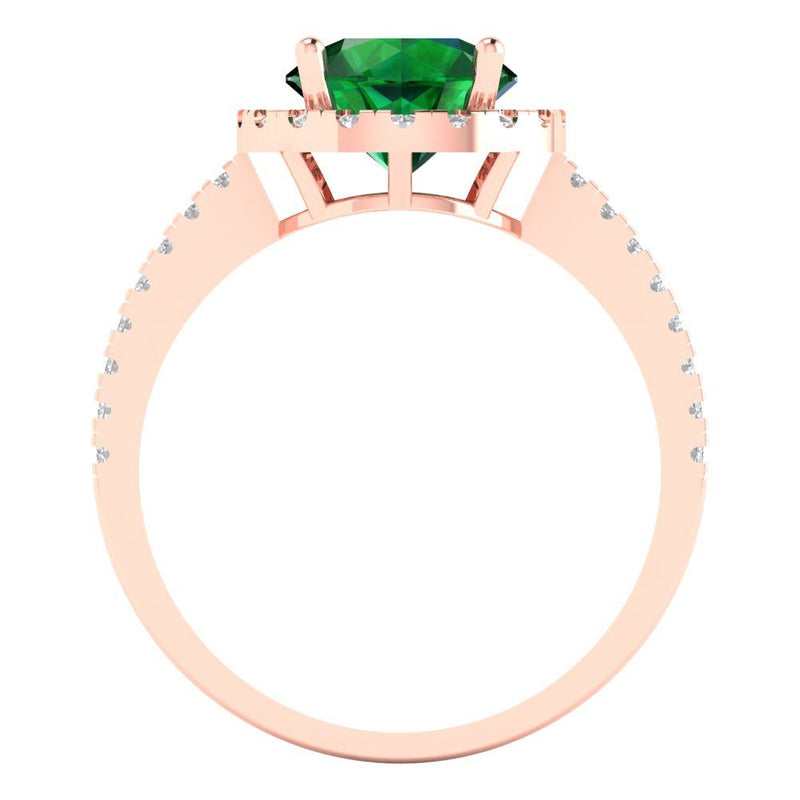 1.86 ct Brilliant Round Cut Simulated Emerald Stone Rose Gold Halo Solitaire with Accents Ring