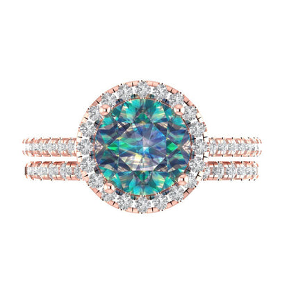 2.52 cttw Round Cut Blue Moissanite Bridal Set - Solid Rose Gold Engagement Ring & Wedding Band