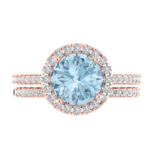 2.52 cttw Round Cut Natural Aquamarine Bridal Set - Solid Rose Gold Engagement Ring & Wedding Band