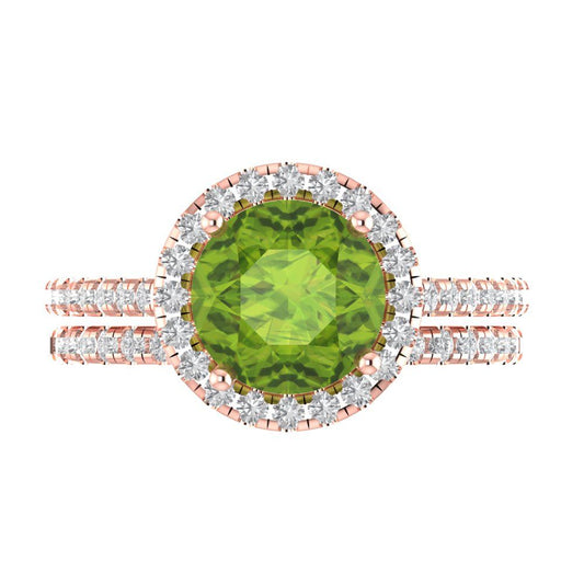 2.52 cttw Round Cut Natural Peridot Bridal Set - Solid Rose Gold Engagement Ring & Wedding Band