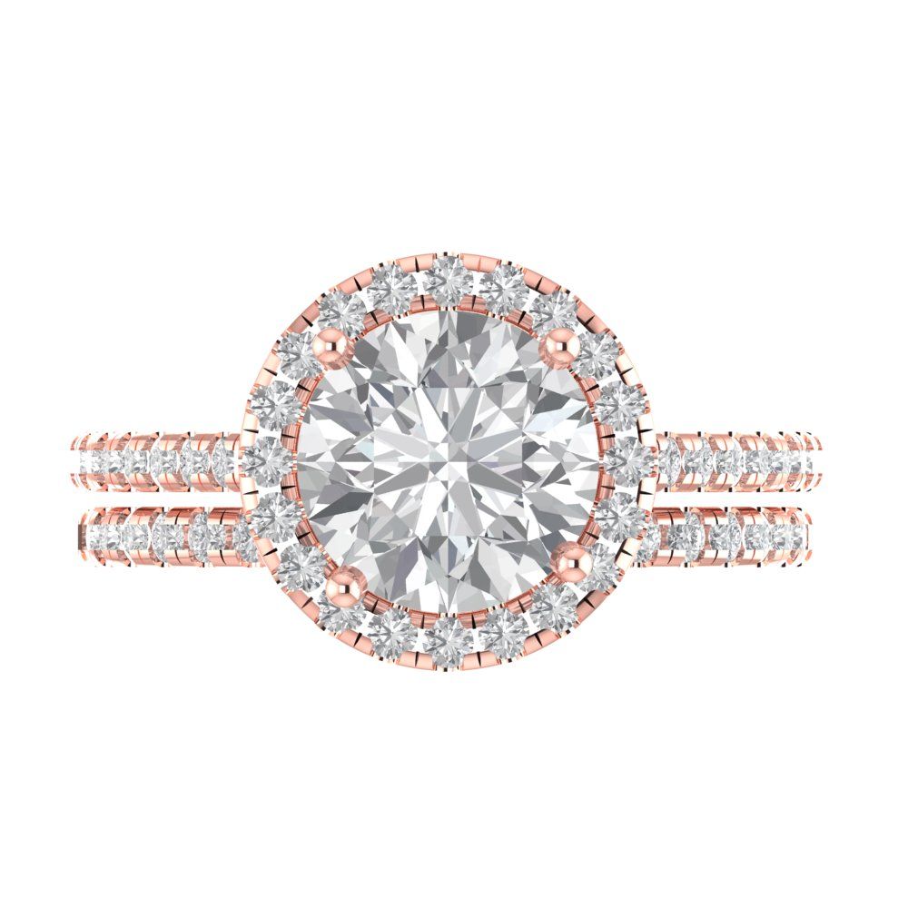 2.52 cttw Round Cut White Sapphire Bridal Set - Solid Rose Gold Engagement Ring & Wedding Band