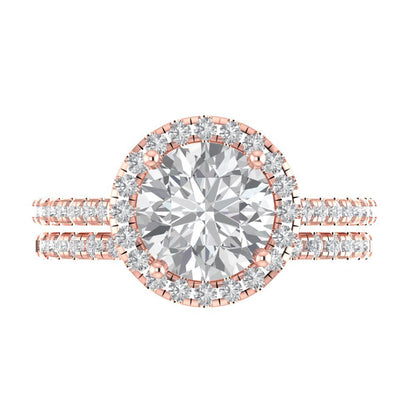 2.52 cttw Round Cut White Sapphire Bridal Set - Solid Rose Gold Engagement Ring & Wedding Band