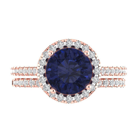 2.52 cttw Round Cut Simulated Blue Sapphire Bridal Set - Solid Rose Gold Engagement Ring & Wedding Band