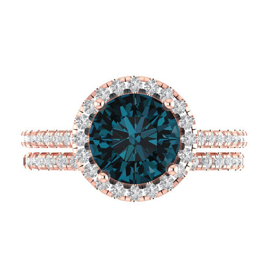 2.52 cttw Round Cut Natural London Blue Topaz Bridal Set - Solid Rose Gold Engagement Ring & Wedding Band