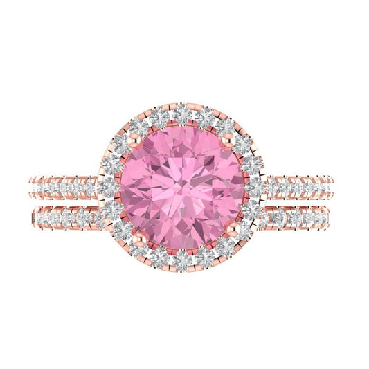 2.52 cttw Round Cut Simulated Pink Diamond Bridal Set - Solid Rose Gold Engagement Ring & Wedding Band