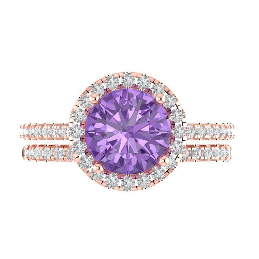 2.52 cttw Round Cut Simulated Alexandrite Bridal Set - Solid Rose Gold Engagement Ring & Wedding Band