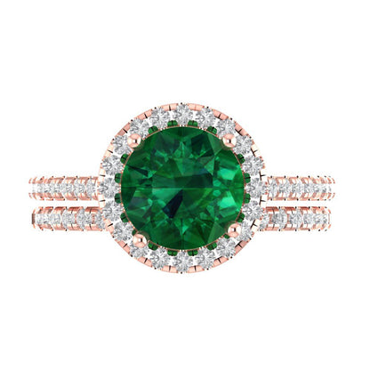 2.52 cttw Round Cut Simulated Emerald Bridal Set - Solid Rose Gold Engagement Ring & Wedding Band