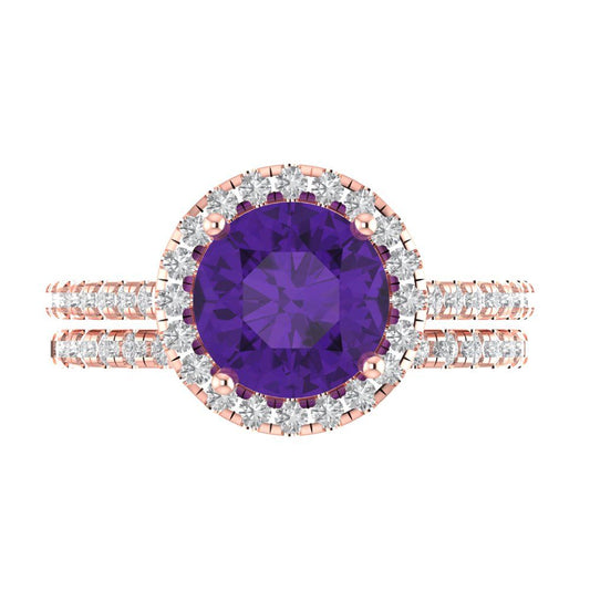 2.52 cttw Round Cut Natural Amethyst Bridal Set - Solid Rose Gold Engagement Ring & Wedding Band
