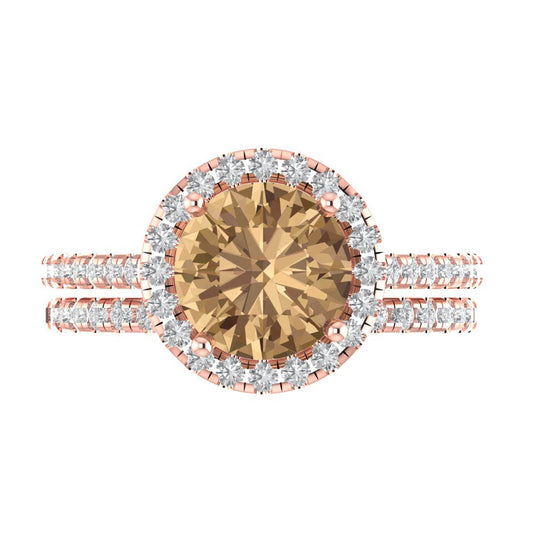 2.52 cttw Round Cut Simulated Champagne Diamond Bridal Set - Solid Rose Gold Engagement Ring & Wedding Band