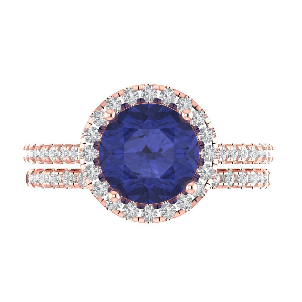 2.52 cttw Round Cut Simulated Tanzanite Bridal Set - Solid Rose Gold Engagement Ring & Wedding Band