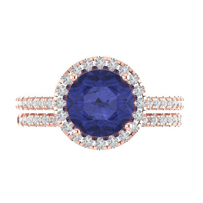 2.52 cttw Round Cut Simulated Tanzanite Bridal Set - Solid Rose Gold Engagement Ring & Wedding Band