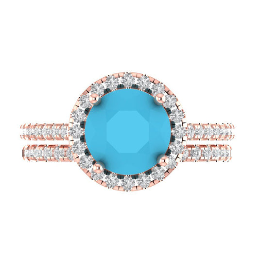 2.52 cttw Round Cut Simulated Turquoise Bridal Set - Solid Rose Gold Engagement Ring & Wedding Band