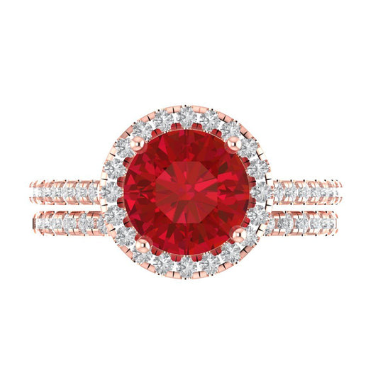 2.52 cttw Round Cut Simulated Ruby Bridal Set - Solid Rose Gold Engagement Ring & Wedding Band