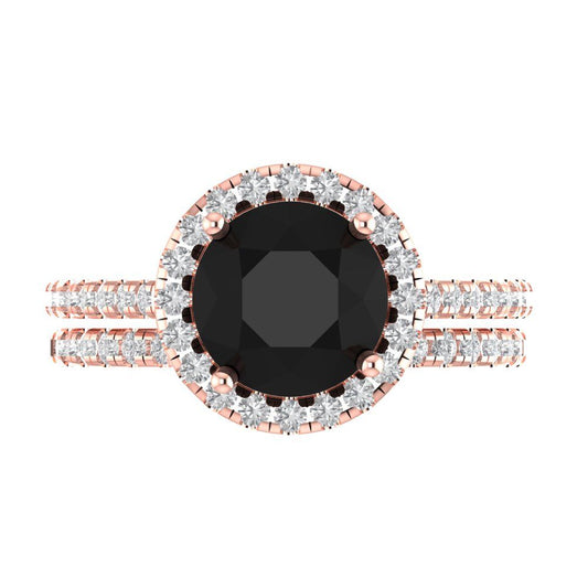 2.52 cttw Round Cut Natural Onyx Bridal Set - Solid Rose Gold Engagement Ring & Wedding Band