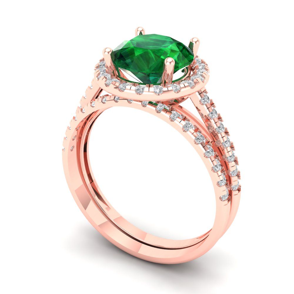2.52 cttw Round Cut Simulated Emerald Bridal Set - Solid Rose Gold Engagement Ring & Wedding Band