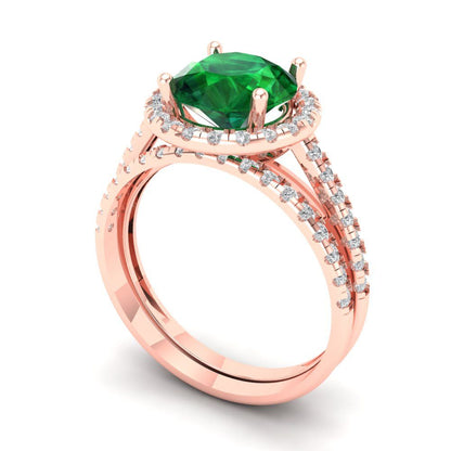 2.52 cttw Round Cut Simulated Emerald Bridal Set - Solid Rose Gold Engagement Ring & Wedding Band