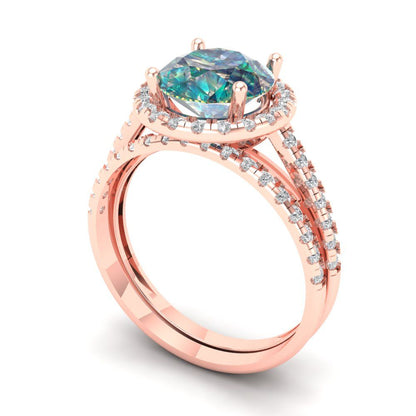 2.52 cttw Round Cut Blue Moissanite Bridal Set - Solid Rose Gold Engagement Ring & Wedding Band