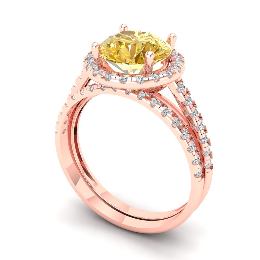 2.52 cttw Round Cut Simulated Yellow Diamond Bridal Set - Solid Rose Gold Engagement Ring & Wedding Band