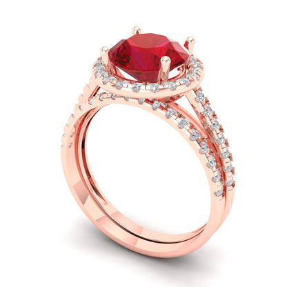 2.52 cttw Round Cut Simulated Pink Tourmaline Bridal Set - Solid Rose Gold Engagement Ring & Wedding Band