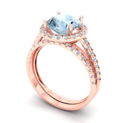 2.52 cttw Round Cut Natural Sky Blue Topaz Bridal Set - Solid Rose Gold Engagement Ring & Wedding Band