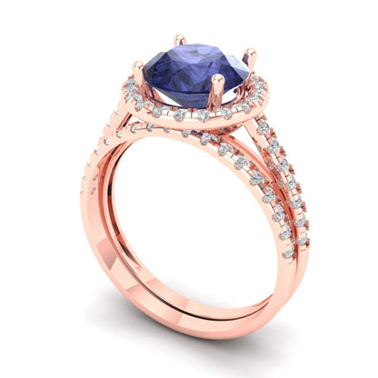 2.52 cttw Round Cut Simulated Tanzanite Bridal Set - Solid Rose Gold Engagement Ring & Wedding Band