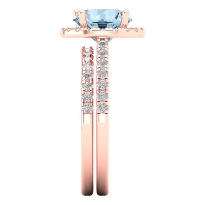 2.52 cttw Round Cut Natural Aquamarine Bridal Set - Solid Rose Gold Engagement Ring & Wedding Band