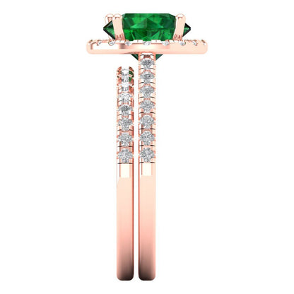 2.52 cttw Round Cut Simulated Emerald Bridal Set - Solid Rose Gold Engagement Ring & Wedding Band