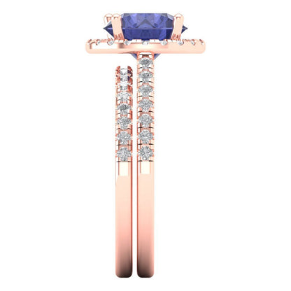 2.52 cttw Round Cut Simulated Tanzanite Bridal Set - Solid Rose Gold Engagement Ring & Wedding Band