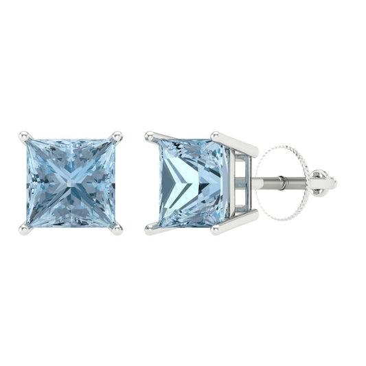 3 ctw Blue Zirconia Studs Earrings | 6.5mm Princess Cut White Gold Screw back | April Birthstone