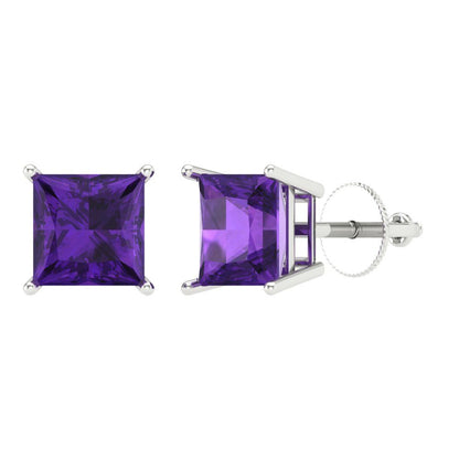 3 ctw Amethyst Studs Earrings | 6.5mm Princess Cut White Gold Screw back | February Birthstone