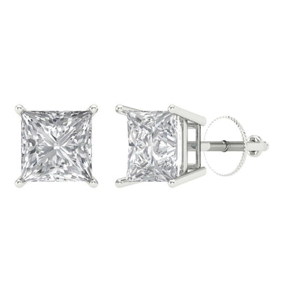 3 ctw Zirconia Diamond Studs Earrings | 6.5mm Princess Cut White Gold Screw back | April Birthstone