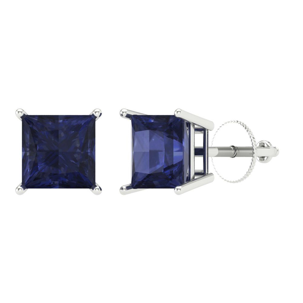 3 ctw Blue Sapphire Studs Earrings | 6.5mm Princess Cut White Gold Screw back | September Birthstone