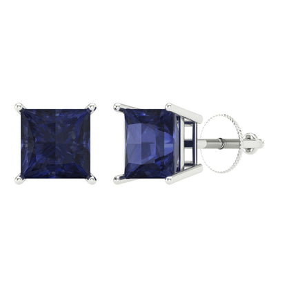 3 ctw Blue Sapphire Studs Earrings | 6.5mm Princess Cut White Gold Screw back | September Birthstone