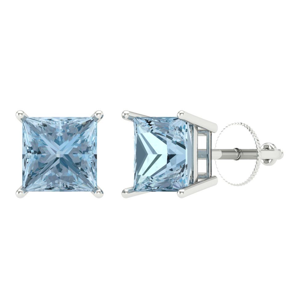 3 ctw Aquamarine Studs Earrings | 6.5mm Princess Cut White Gold Screw back | March Birthstone
