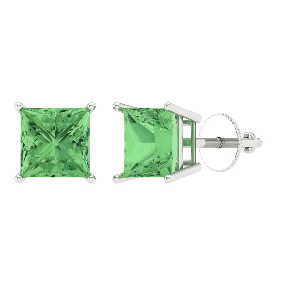 3 ctw Green Zirconia Studs Earrings | 6.5mm Princess Cut White Gold Screw back | April Birthstone