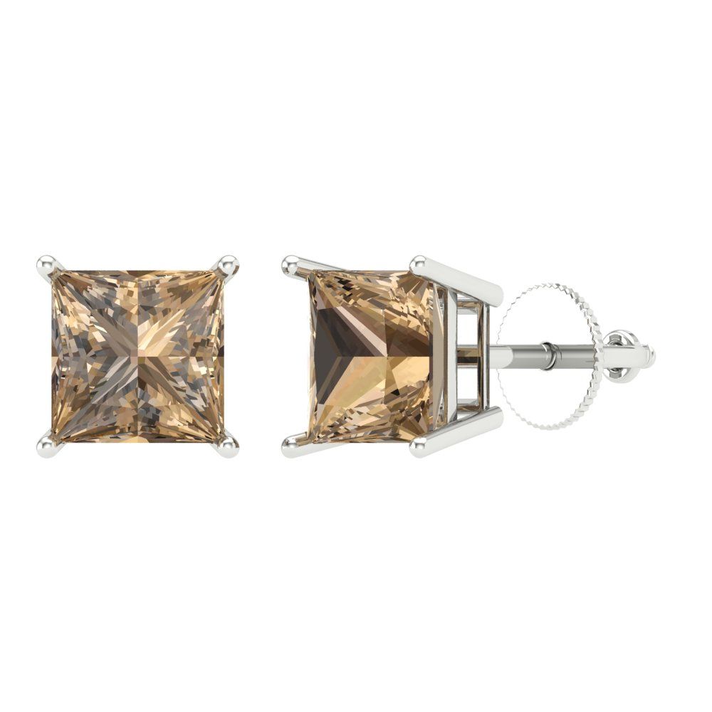 3 ctw Champagne Studs Earrings | 6.5mm Princess Cut White Gold Screw back | April Birthstone