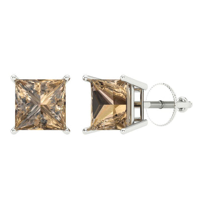 3 ctw Champagne Studs Earrings | 6.5mm Princess Cut White Gold Screw back | April Birthstone
