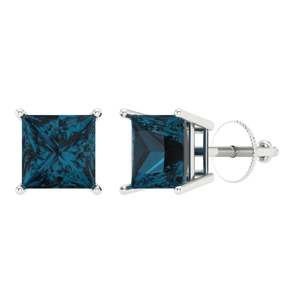 3 ctw London Blue Topaz Studs Earrings | 6.5mm Princess Cut White Gold Screw back | December Birthstone
