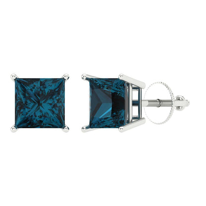 3 ctw London Blue Topaz Studs Earrings | 6.5mm Princess Cut White Gold Screw back | December Birthstone