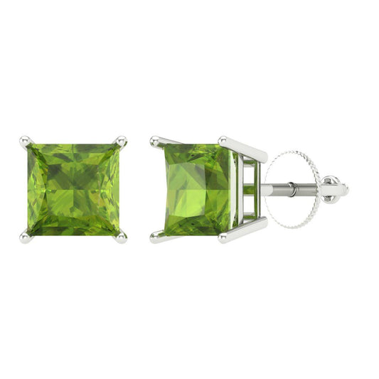 3 ctw Peridot Studs Earrings | 6.5mm Princess Cut White Gold Screw back | August Birthstone