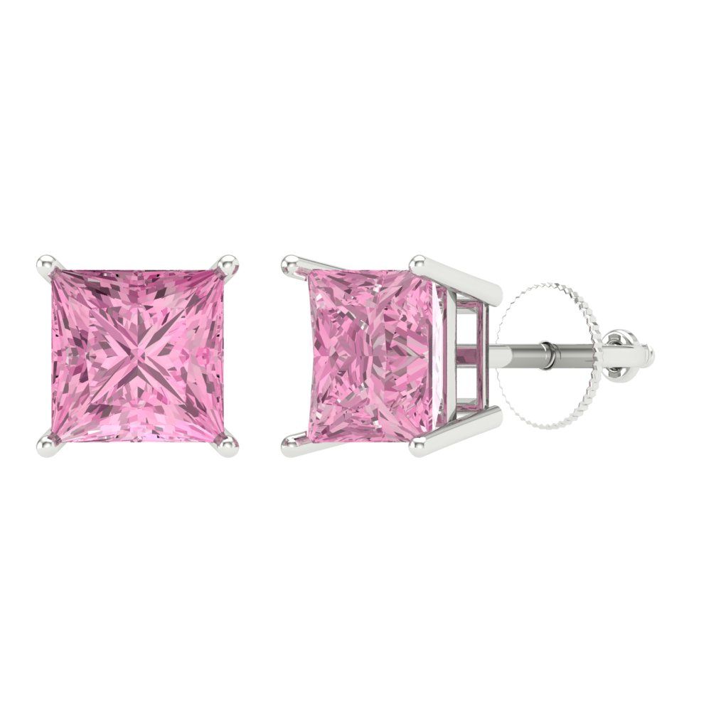 3 ctw Pink Zirconia Studs Earrings | 6.5mm Princess Cut White Gold Screw back | April Birthstone