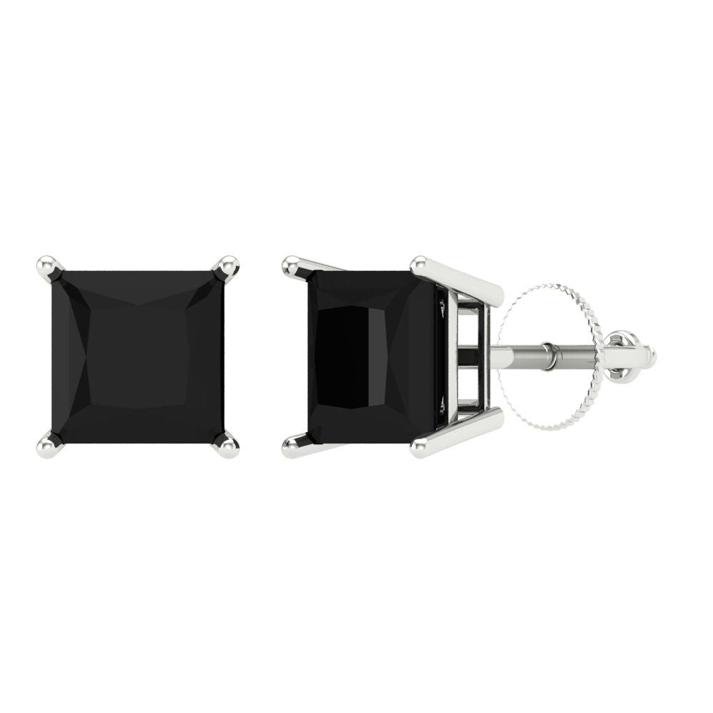 3 ctw Onyx Studs Earrings | 6.5mm Princess Cut White Gold Screw back | July Birthstone
