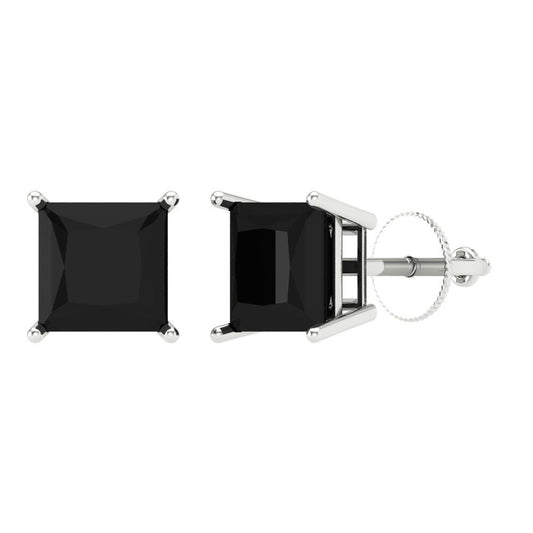 3 ctw Onyx Studs Earrings | 6.5mm Princess Cut White Gold Screw back | July Birthstone